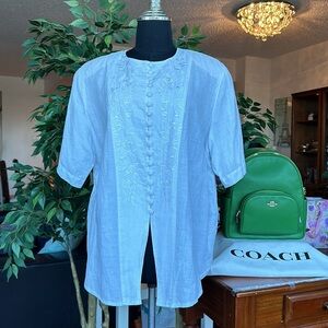 Vintage Size 42 Medium Large White Linen Cotton Short Sleeve Shirt Blouse Top